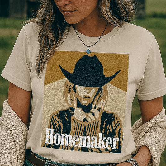 Woman wearing a t-shirt with a graphic of a woman in a cowboy hat and the word 'Homemaker' in a rural setting.